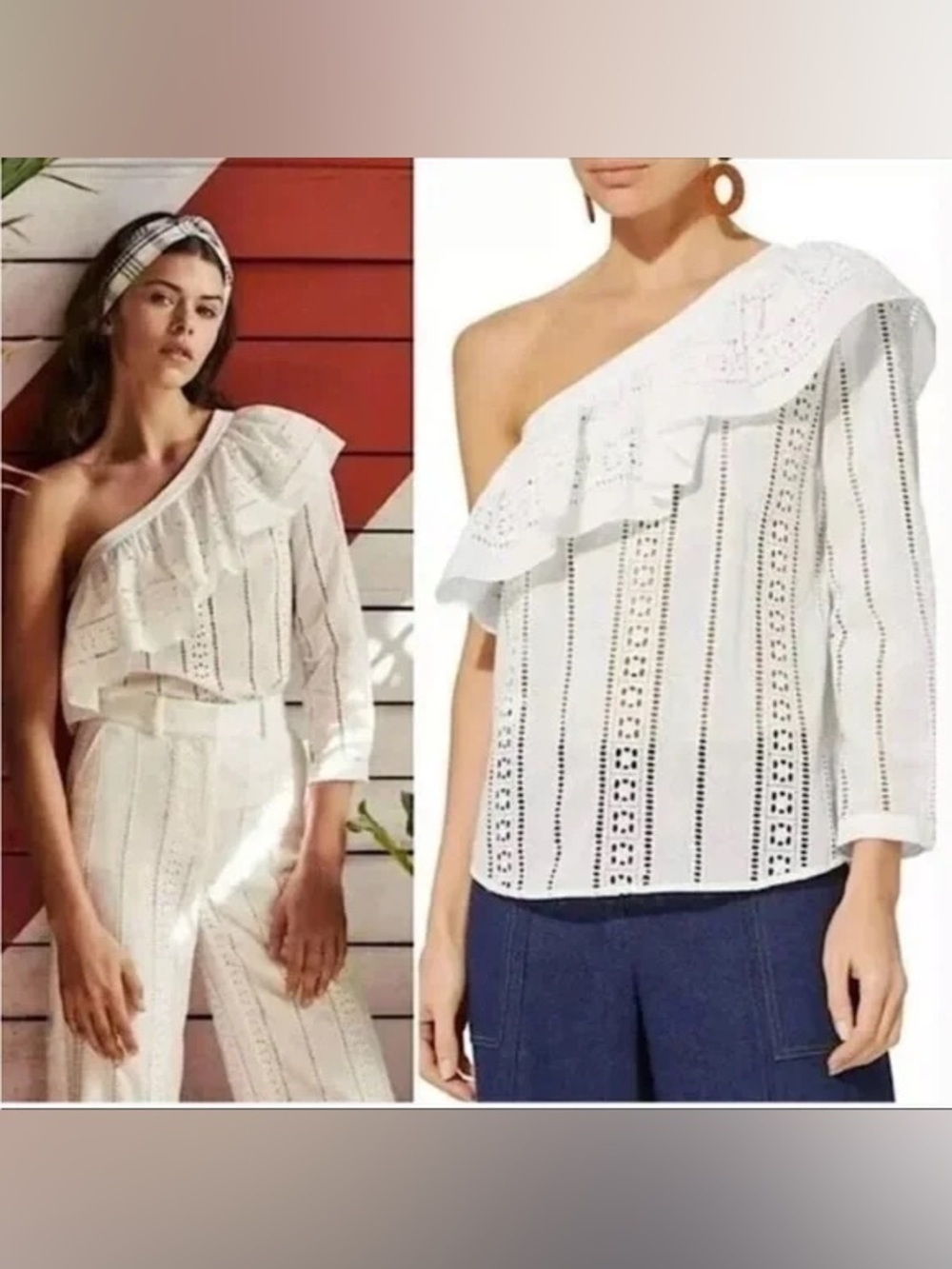 Veronica Beard Cruz Eyelet One-Shoulder Ruffle Top 4 small white cotton cottage
